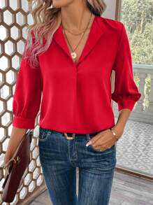 SHEIN LUNE Camisa De Manga 3/4 De Color Sólido Para Mujer - Rojo - Ver 4