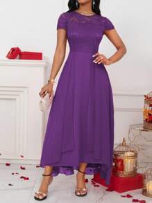 SHEIN Clasi Đầm Maxi Dài Cạp Cao Phối Ren Màu Trơn Cho Nữ - Màu tím - Xem 6