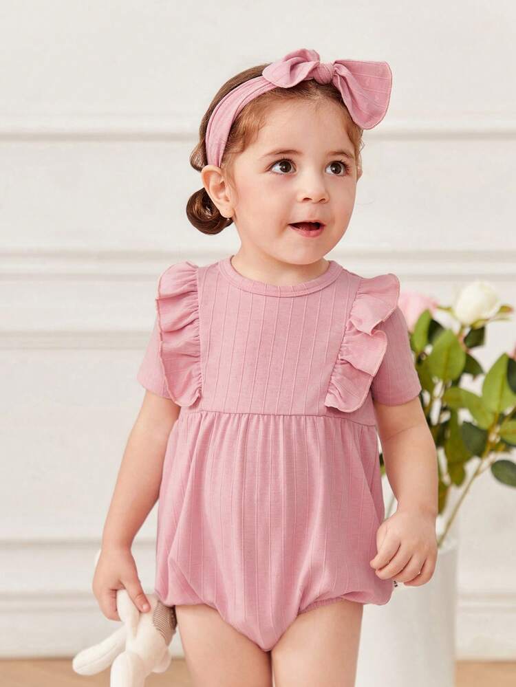 Baby Girl's Lovely Knitted Romper With Ruffle Hem And Hairband, Short Sleeve, Household Clothes