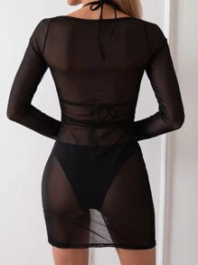 Của phụ nữ Màu thuần mỏng Tách Cover Ups & Áo đầm Áo len Mở - màu đen - Xem 2