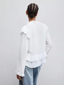 Maija 女式長袖衫,有拼接和荷葉邊設計 - 白色 - 查看 5