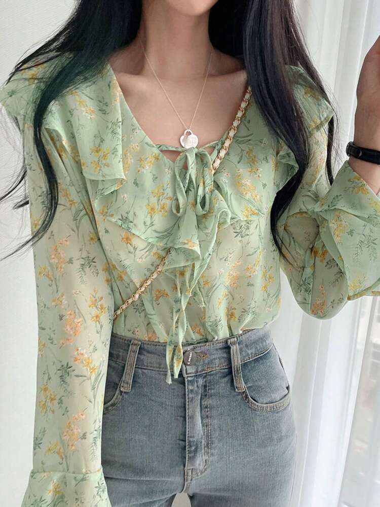 Women's Ditsy Floral Shirt With Ruffled Collar & Tie Waist,Fall Women Clothes Long Sleeve Top Vacation Outfits Women Easter Boho