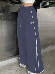 DAZY SHEIN X AYA NAKAMACHI Women's Colorblock Elastic Waist Wide Leg Pants With Rolled Hem - Dusty Blue - View 1