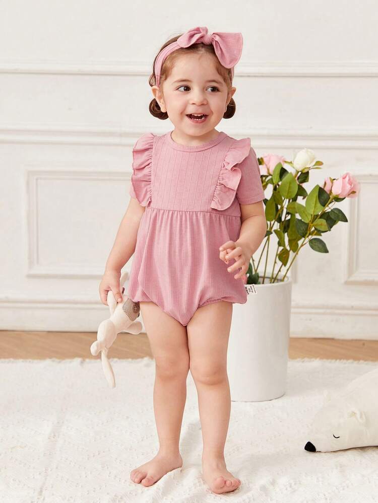 Baby Girl's Lovely Knitted Romper With Ruffle Hem And Hairband, Short Sleeve, Household Clothes