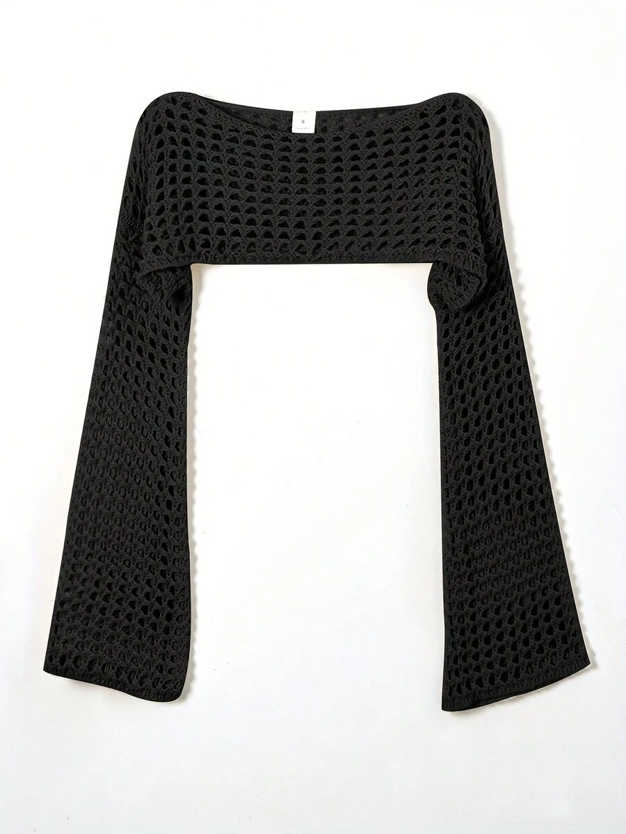 New Stylish Design Women Sweater With Hollow Out Flared Sleeve - Black - View 1