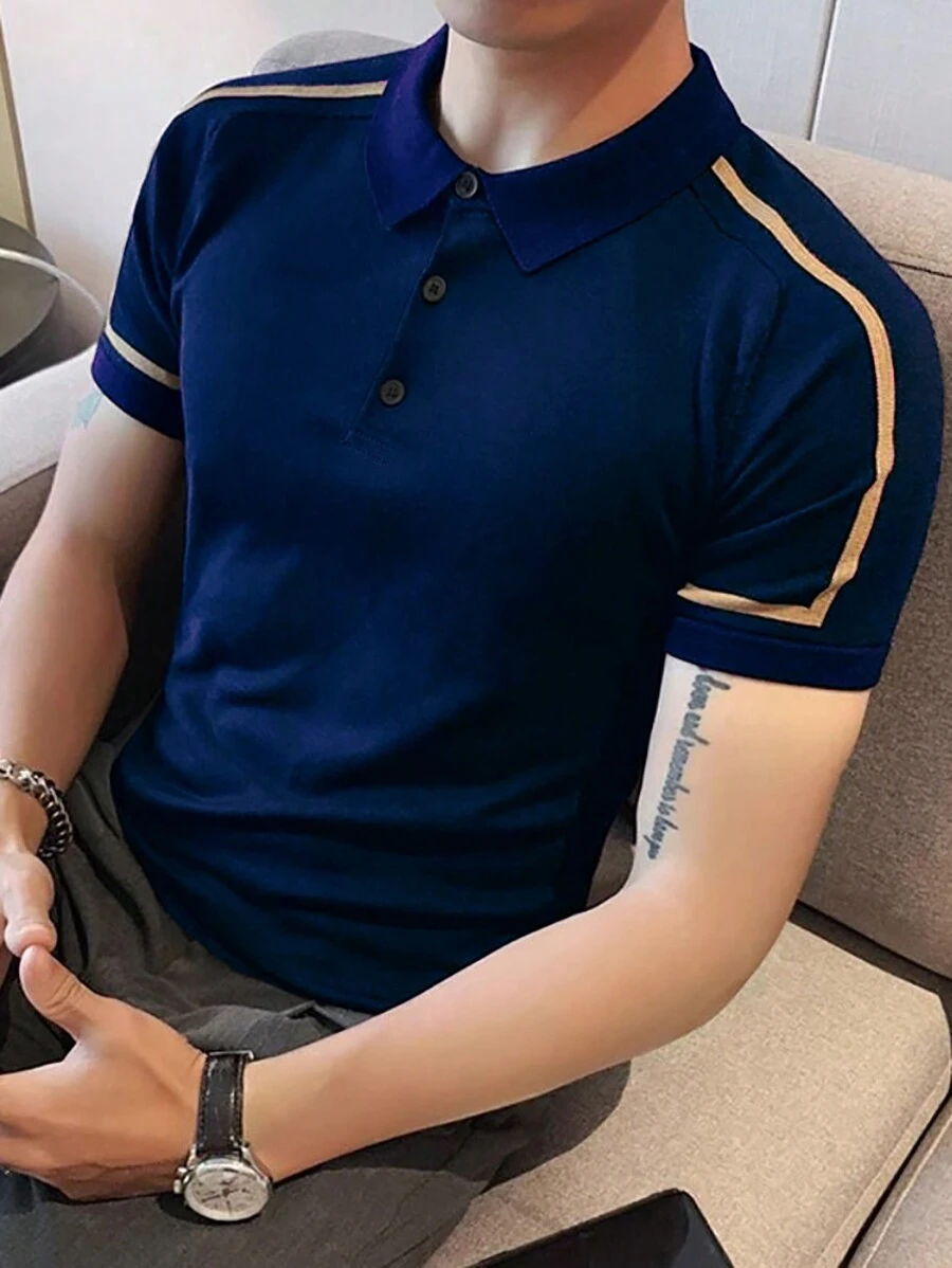 Calvornis Men's Shoulder Strap Short Sleeve Polo Shirt - Navy Blue - View 1