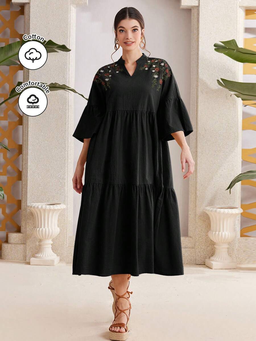 Mulvari Women's Floral Printed Notched V-Neck Summer Dress - Black - View 1