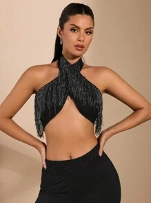 SHEIN BAE Music Festival Lace Fringe Overlay Halter Top