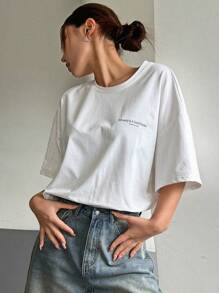 DAZY 女款落肩寬鬆大號 T-shirt，印有「Adversity Is A Good Disciple」與「No Gall No Glory」標語，校園風 - 白色 - 查看 6