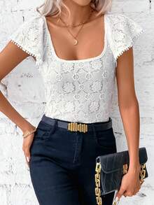 SHEIN Clasi 女士方領蕾絲荷葉邊袖t恤,白色女款t恤 - 白色 - 查看 5