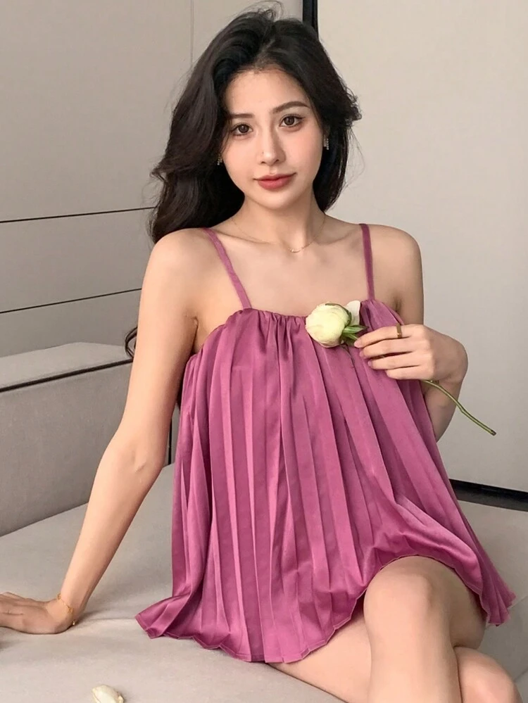 Solid Color Loose Pleated Camisole Tank Top For Women Babydoll Top