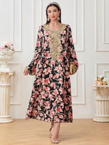 Al Najma Patchwork Floral Print Embroidery Detail Round Neck Dress Kaftan Jalabiya Dress - Black - View 3