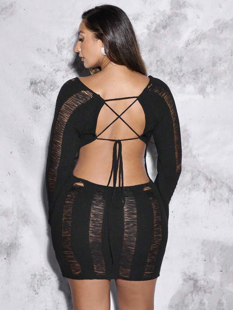 Plus Size Bodycon Sweater Dress With Sheer Back And Strap Detail