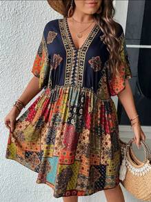 SHEIN CURVE+ Kích thước lớn Của phụ nữ Vá lại Hoa tay cánh Đầm - Màu xanh hải quân - Xem 4