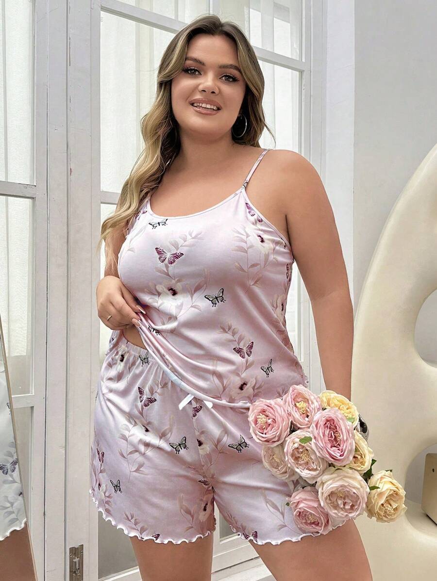 Plus Size Butterfly Printed Cami Top And Shorts Pajama Set - Mauve Purple - View 1