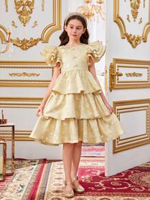 SHEIN 千禧世代女孩休閒圓領荷葉邊深色條紋連衣裙 - 金色 - 查看 5