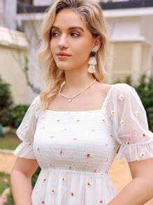 SHEIN VCAY Lưới Màu sắc tùy ý Thêu tương phản Bong bóng Tay áo Đầm - trắng - Xem 6