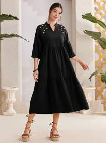 Mulvari Women's Floral Printed Notched V-Neck Summer Dress - Black - View 5