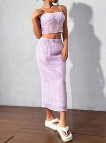 Flirla Solid Color Pleated Texture Cami Top & Elastic Waist Skirt - Mauve Purple - View 3