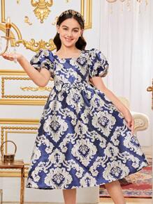 SHEIN Leap Crew Vestido cuadrado de cuello con mangas abombadas hermosa para niñas preadolescentes - Azul - Ver 5