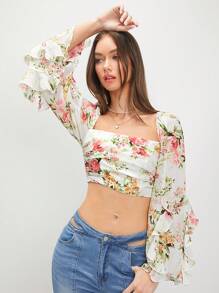 Enchnt Summer Women's Floral Print Square Neckline Ruffle Hem Bell Sleeve Cropped Blouse