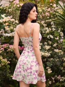 Aveloria Vestido corto con cintura fruncida para mujeres con estampado floral aleatorio y contrastante