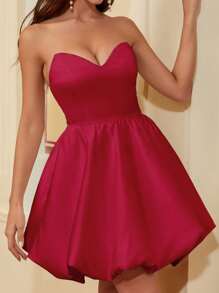 SHEIN Belle 無肩帶泡泡裙女士酒會晚禮服 - 紅色 - 查看 4