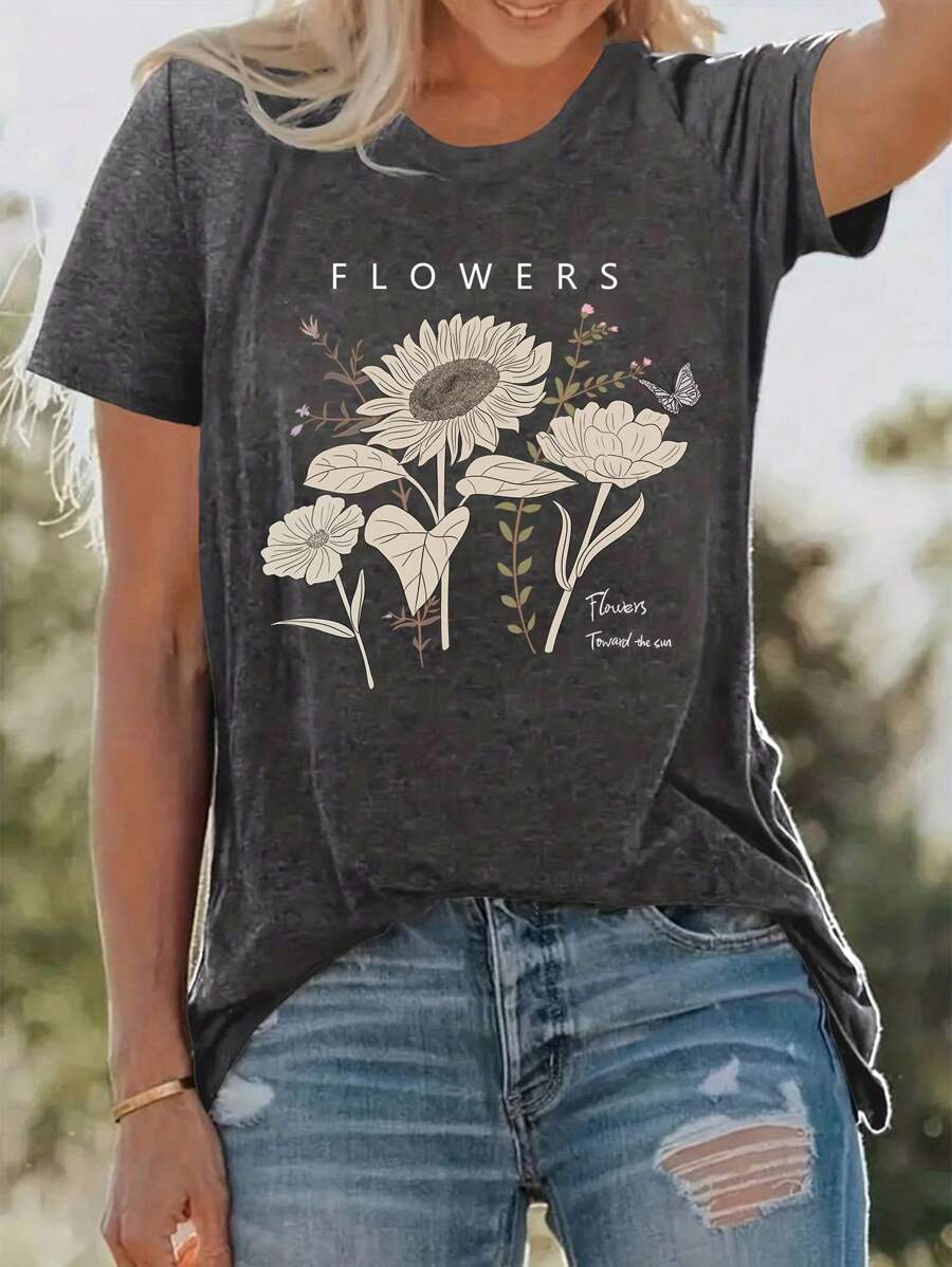 INAWLY Camiseta com Ajuste Regular Estampa Floral e Letra, Gráfico de Flores em Direção ao Sol, Blusas Femininas - Chumbo - Visão 1