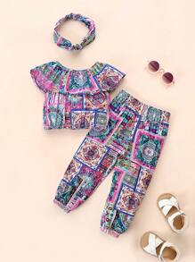 SHEIN Playful Pals 嬰兒女孩圍巾印花荷葉邊上衣和褲子,配飾髮箍 - 彩色 - 查看 2