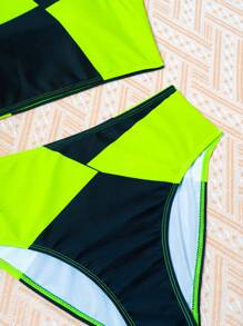Teen Girl Cute Two-Tone Neon Bikini Set, Bathing Suit Beach Outfit Summer Vacation - Multicolor - View 3