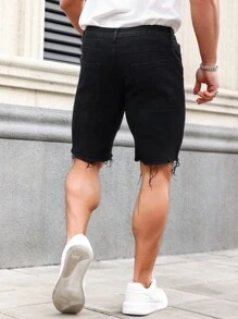 Manfinity LEGND Men Ripped Raw Hem Denim Shorts Jorts Vacation Plain Black Denim Shorts, For Husband, Boyfriend Gifts - Black - View 2