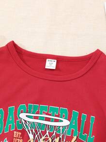 SHEIN Tween Girls' Slogan & Basketball Print Round Neck Short Sleeve T-Shirt - Red - View 6