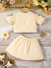 Baby Girl Floral Printed Patchwork Lace Edge Top And Skirt Set - Multicolor - View 2