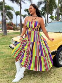 Flirla Plus Size Women's Striped Cami Dress - Multicolor - View 1