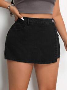 SHEIN EZwear Plus Size Y2k Style Solid Color Denim Skort With Decorative Chains, For Summer
