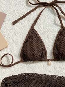 Swim Mod 夏季沙灘女性純色領後背心Bra＆泳裝底部＆沙灘遮陽裙比基尼套裝泳衣 - 巧克力棕 - 查看 3