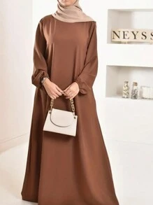 女式连帽撞色阿拉伯传统朴素长袖阿巴亚连衣裙 - 棕色 - 查看 3
