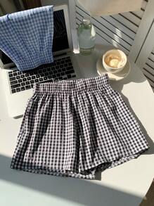 Comfortcana Plus Size Women Elastic Waist Plaid Loose Casual Shorts With Pockets, Summer - Black - View 1