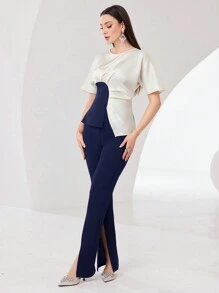 Modelyn Women's Colorblock Pleated Waist Crop Top And Solid Split Flare Pants Set 2 Pieces Set - Navy Blue - View 4