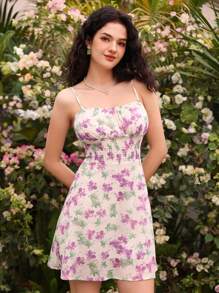 Aveloria Vestido corto con cintura fruncida para mujeres con estampado floral aleatorio y contrastante