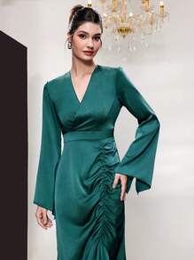 Modelyn Ladies' V-Neck Flared Sleeve Ruffle & Fish Tail Hem Dress Long Evening Dresses - Dark Green - View 7