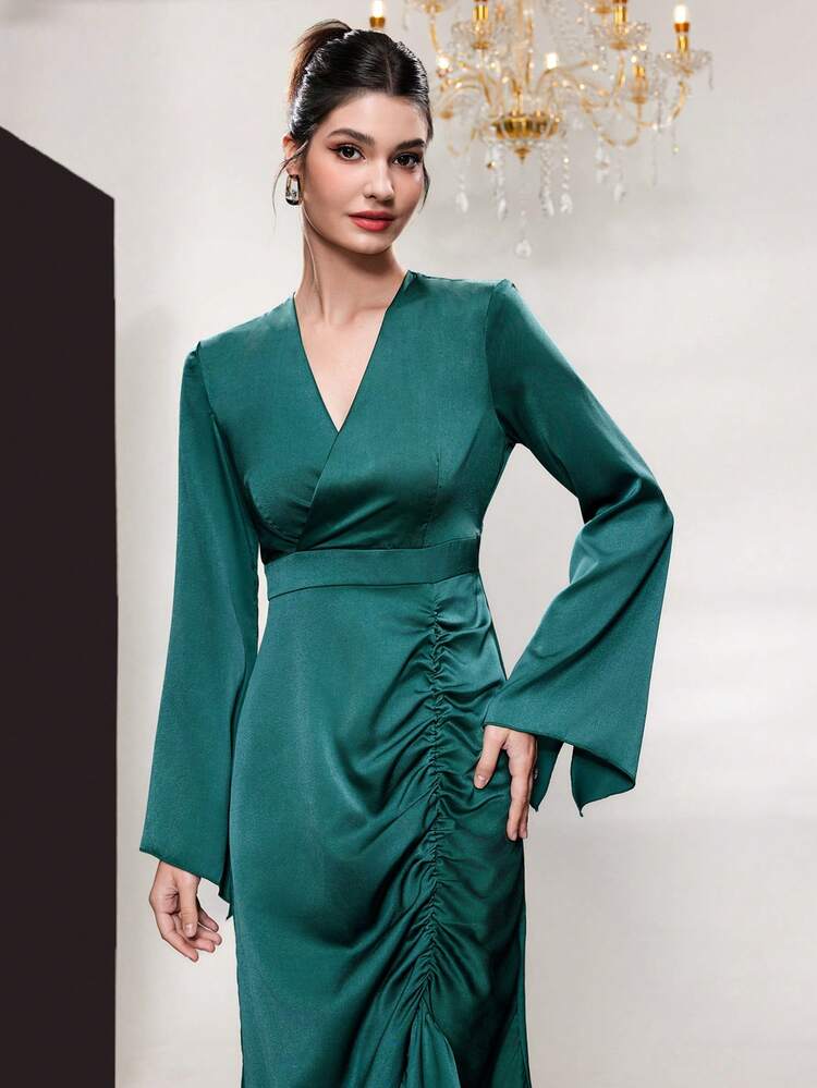 Ladies' V-Neck Flared Sleeve Ruffle & Fish Tail Hem Dress Long Evening Dresses