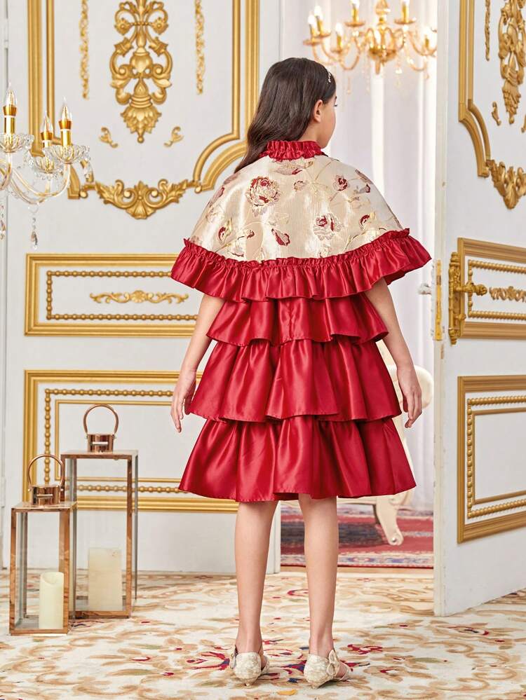 Tween Girls' Cute Shawl Neckline Dress & Cape Two Pieces Set