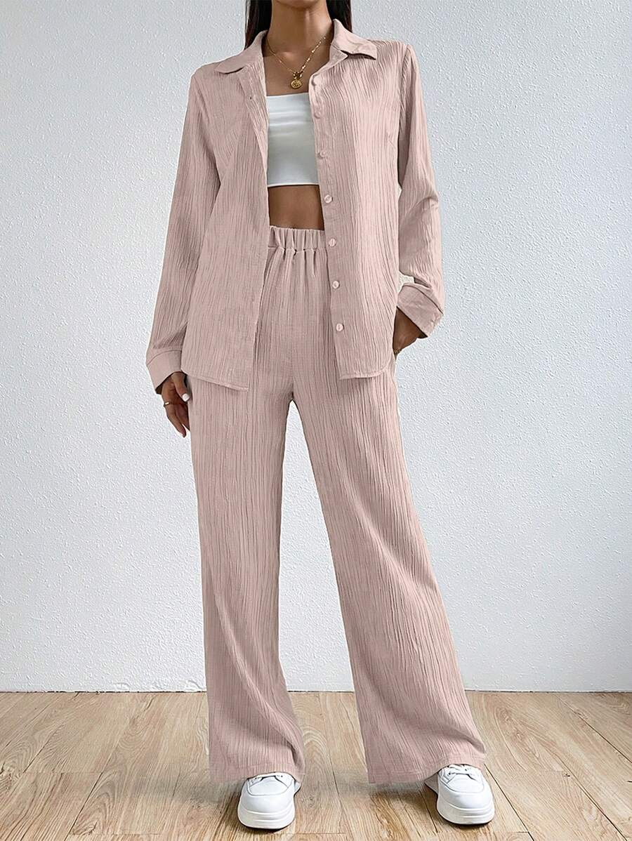 SHEIN EZwear 純色紋理釦扣繡花襯衫和直腳長褲 - 淺粉色 - 查看 1