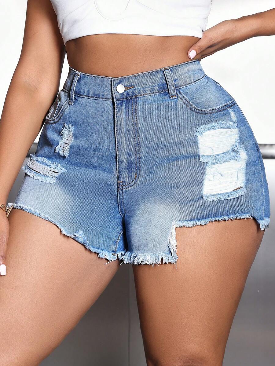 Slaydiva Talla Grande Pantalones Cortos De Mezclilla Con Borde Deshilachado Y Desgastado - Lavado ligero - Ver 1