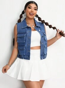 SHEIN EZwear Kích thước lớn Nhiều túi 3D Cái túi Áo khoác Áo vest - Rửa tối - Xem 7