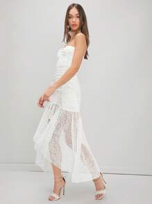 Enchnt فستان بدون حمالات مشدود بالجسم بلون صلب رومانسي من الدانتيل للسيدات - أبيض - مشاهدة 4