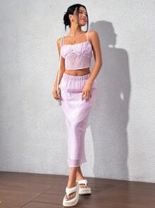 Flirla Solid Color Pleated Texture Cami Top & Elastic Waist Skirt - Mauve Purple - View 5