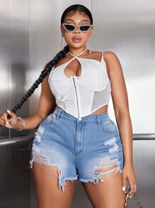 SHEIN SXY 大尺碼時尚不彈力破洞牛仔短褲 - 藍色 - 查看 5