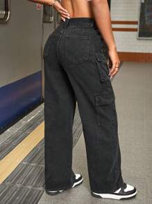 SHEIN PETITE 女性時尚工裝牛仔褲,帶有口袋設計 - 黑色 - 查看 2